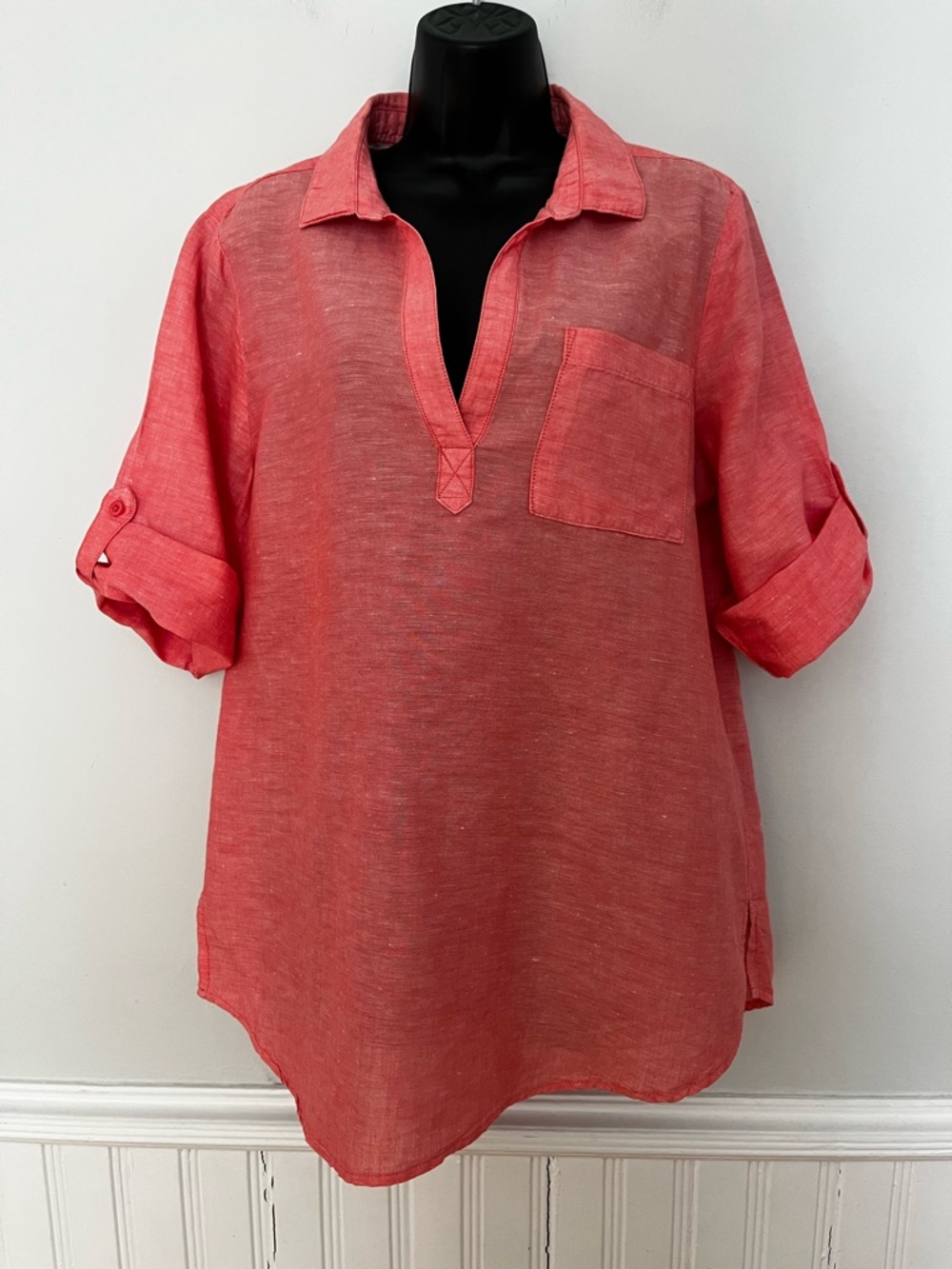 Fleur Bleue Coral Linen Blend Popover Tunic, Size Large